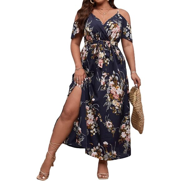 Women's Plus Size Floral Cold Shoulder Maxi Dress with Split Thigh - Picture 1 of 4